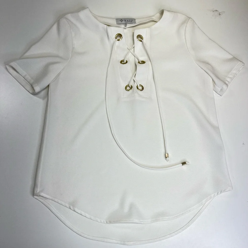 WAYF Ivory Lace Up Short Sleeve Blouse Top Size XS - Picture 1 of 8